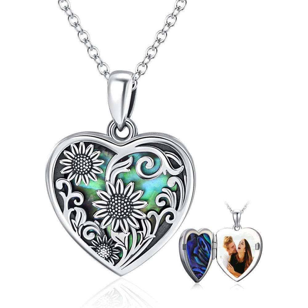 image:imageYFN Locket Necklace 925 Sterling Silver Heart Locket Necklace that Holds Pictures for Women Jewelry Giftsheart sunflower locket