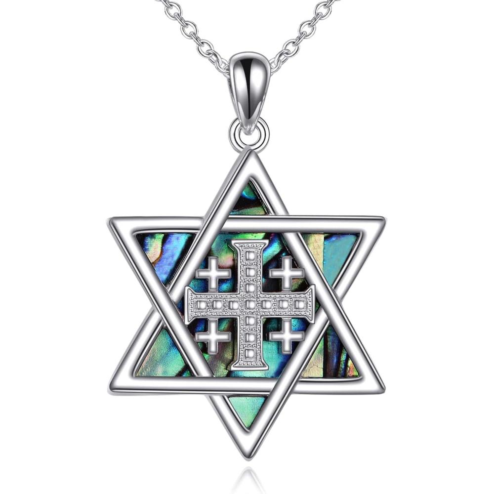 image:imageYFN Star of David Necklace Sterling Sliver Abalone Shell Tree of Life Necklace Jewish Jewelry Gifts for Women Menjerusalem cross