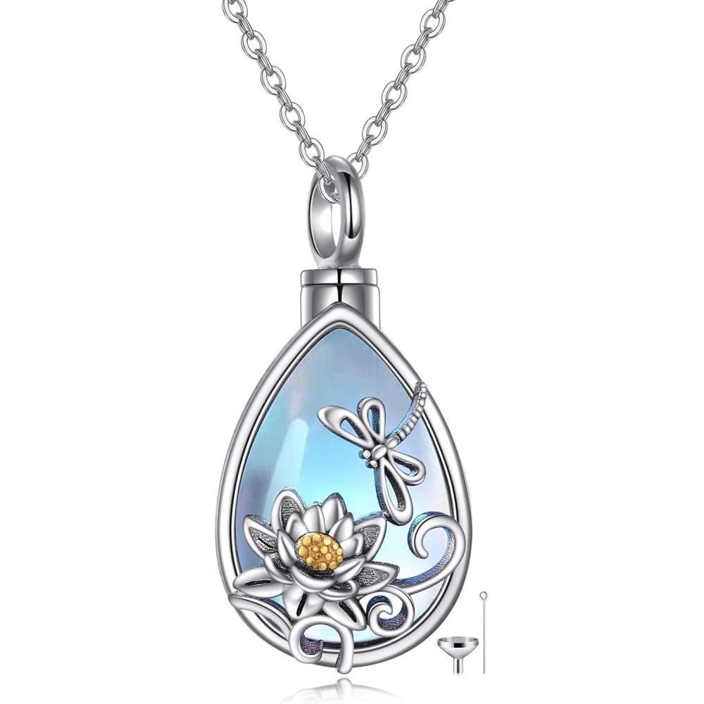 image:imageYFN Sterling Silver Urn Necklace Lotus Dragonfly Urn Necklace for Ashes Moonstone Cremation Memory Jewelry for Women