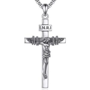 925 Sterling Silver Cross Necklace for Men & Women Crucifix Jesus/Cross Pendant with 22″+2″ Stainless Steel Chain Jewelry Gift for Christmas, Father’s Day, Mother’s Day, Birthday-Gift Box Included(B06 Crucifix)
