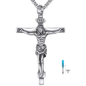 925 Sterling Silver Cross Necklace for Men & Women Crucifix Jesus/Cross Pendant with 22″+2″ Stainless Steel Chain Jewelry Gift for Christmas, Father’s Day, Mother’s Day, Birthday-Gift Box Included(C01 Crucifix Urn)