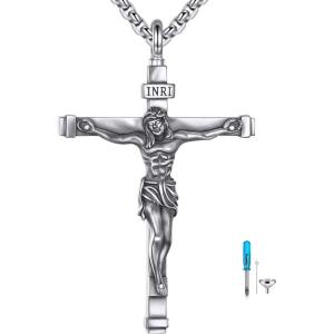 925 Sterling Silver Cross Necklace for Men & Women Crucifix Jesus/Cross Pendant with 22″+2″ Stainless Steel Chain Jewelry Gift for Christmas, Father’s Day, Mother’s Day, Birthday-Gift Box Included(C03 Crucifix Urn)