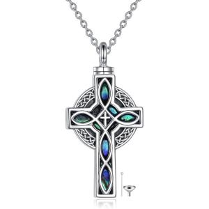 YFN Celtic Cross Urn Necklace Sterling Silver Celtic Knot Ashes Pendant Abalone Shell Cross Cremation Jewelry Gifts for Women Men(Celtic Knot)