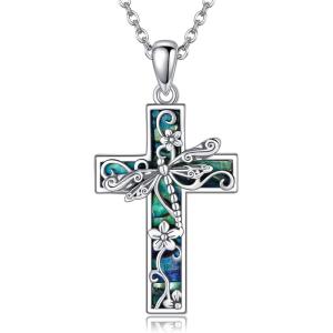 YFN Cross Necklace for Women 925 Sterling Silver Dragonfly Butterfly Hummingbird Tree of Life Abalone Shell Cross Pendant Necklace Jewelry(Dragonfly)