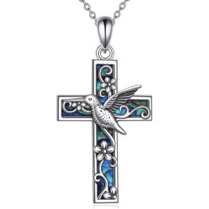 YFN Cross Necklace for Women 925 Sterling Silver Dragonfly Butterfly Hummingbird Tree of Life Abalone Shell Cross Pendant Necklace Jewelry(Hummingbird)