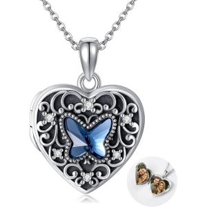 YFN Locket Necklace 925 Sterling Silver Heart Locket Necklace that Holds Pictures for Women Jewelry Gifts(heart butterfly locket)