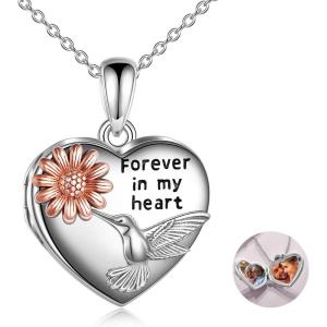 YFN Locket Necklace 925 Sterling Silver Heart Locket Necklace that Holds Pictures for Women Jewelry Gifts(heart hummingbird flower)