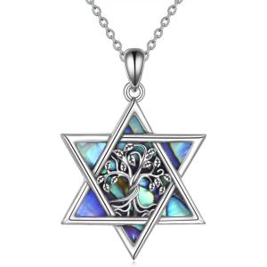 YFN Star of David Necklace Sterling Sliver Abalone Shell Tree of Life Necklace Jewish Jewelry Gifts for Women Men(star of david-tree)