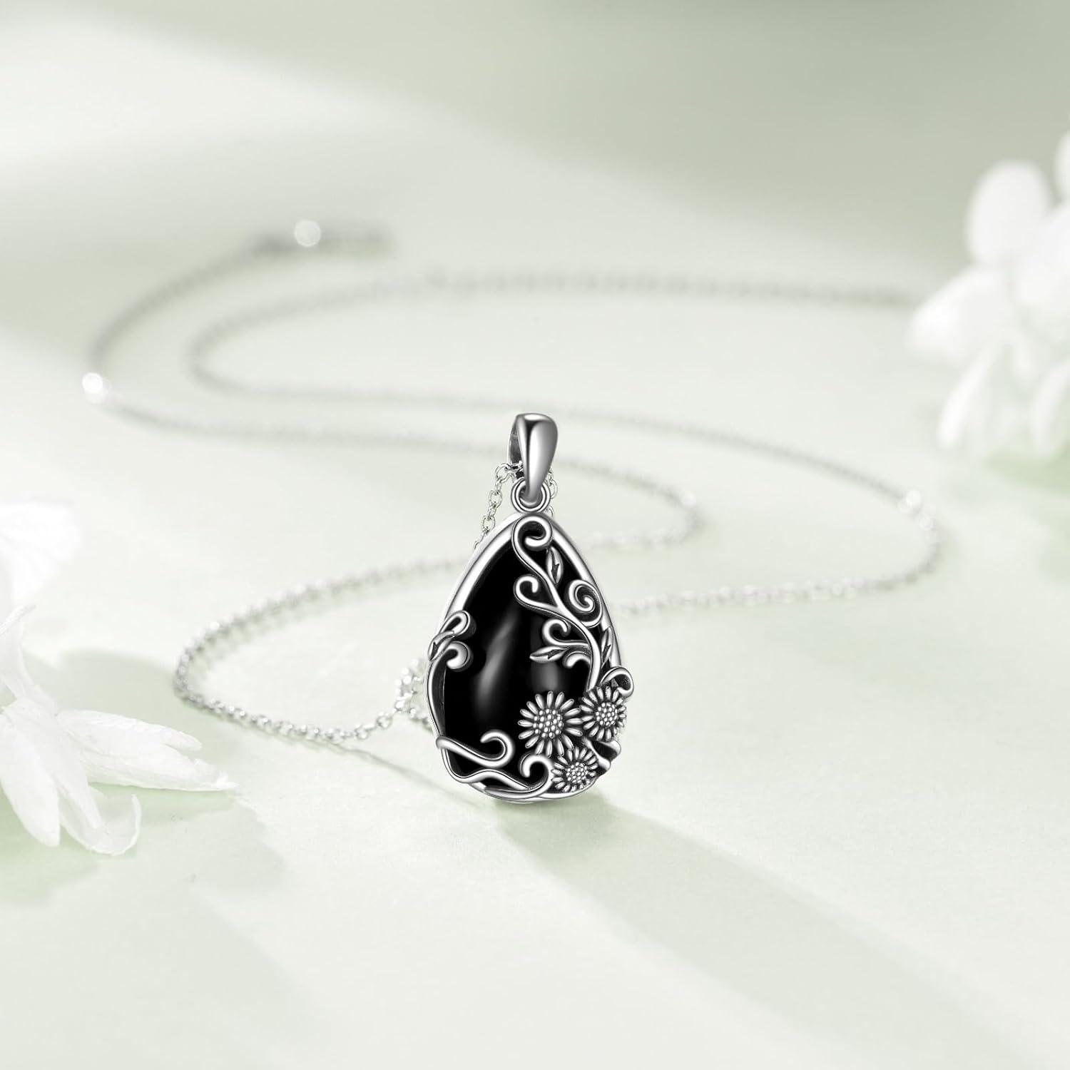 image:imageYFN Black ObsidianMoonstoneTurquoiseMoss Agate Sunflower Filigree Teardrop Pendant Necklace Jewelry for Women 925 Sterling SilverBlack ObsidianSunflower Necklace
