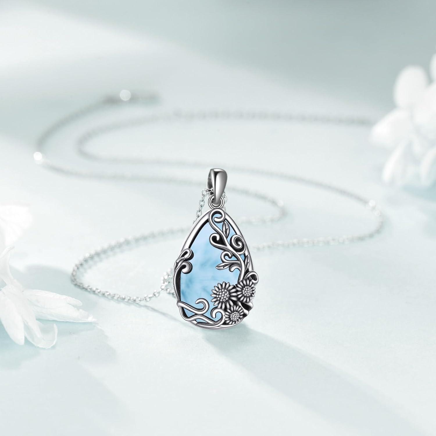 image:imageYFN Black ObsidianMoonstoneTurquoiseMoss Agate Sunflower Filigree Teardrop Pendant Necklace Jewelry for Women 925 Sterling SilverSilverLarimar Sunflower Necklace