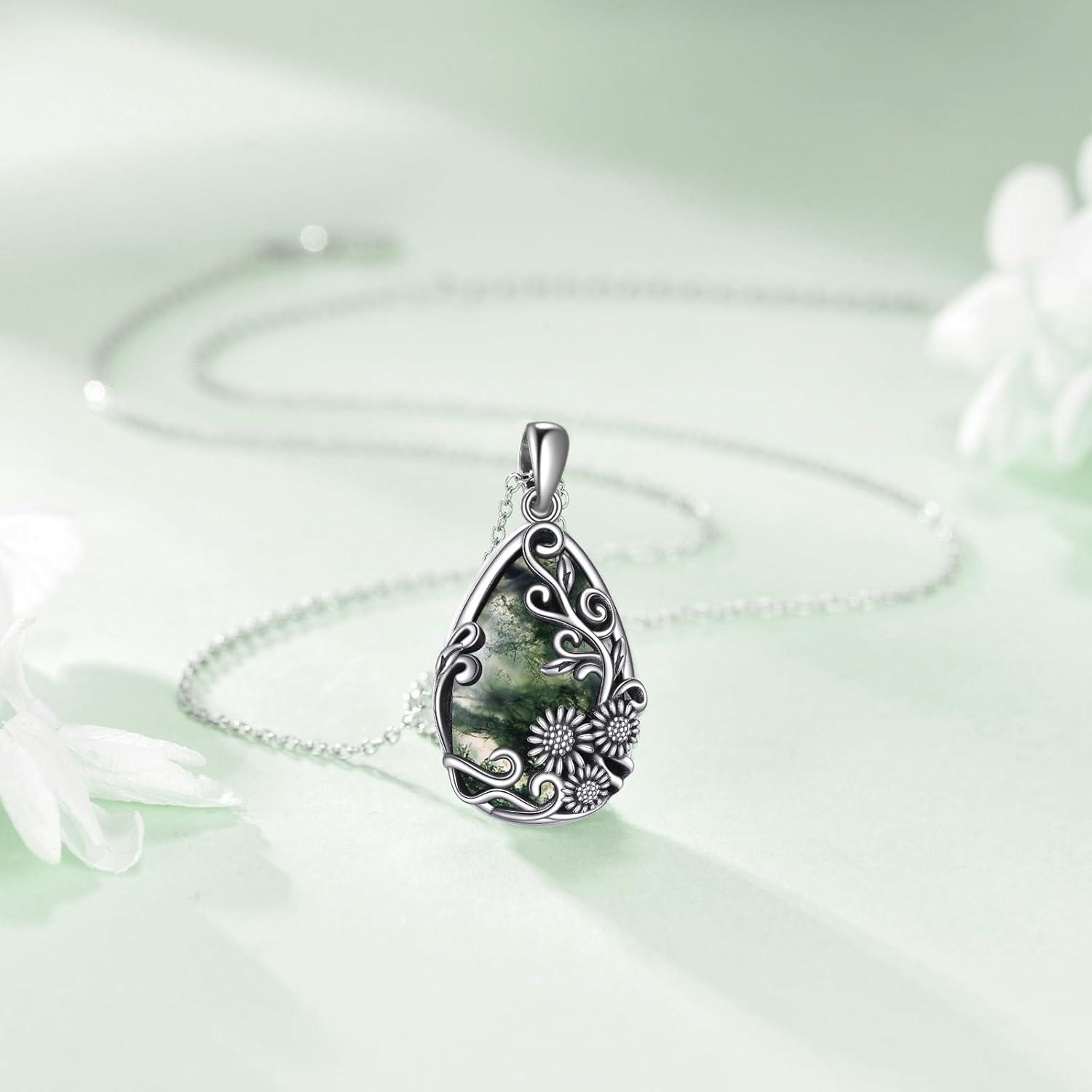 image:imageYFN Black ObsidianMoonstoneTurquoiseMoss Agate Sunflower Filigree Teardrop Pendant Necklace Jewelry for Women 925 Sterling SilverSilverMoss Agate Sunflower Necklace