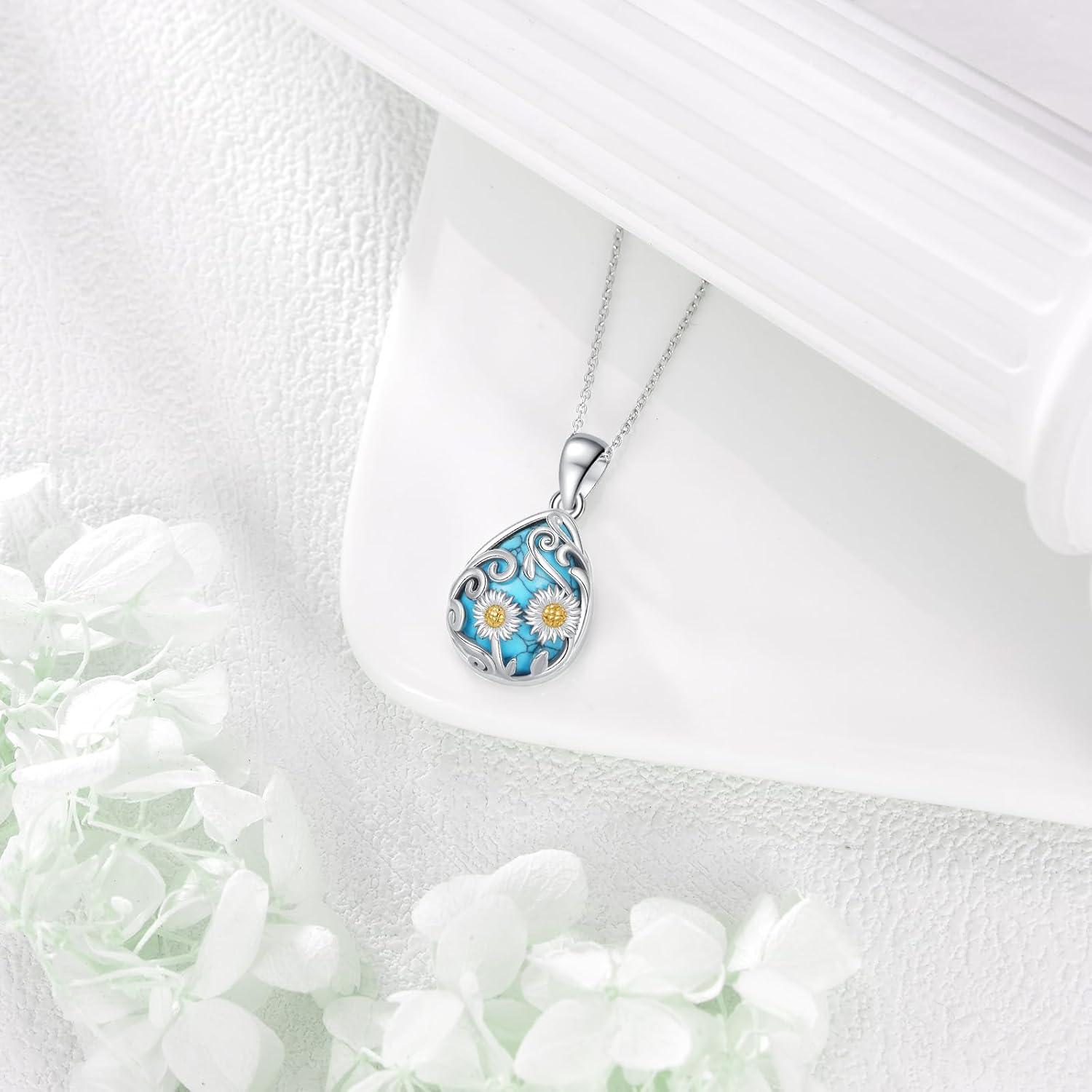 image:imageYFN Black ObsidianMoonstoneTurquoiseMoss Agate Sunflower Filigree Teardrop Pendant Necklace Jewelry for Women 925 Sterling SilverSilverTurquoise Necklace