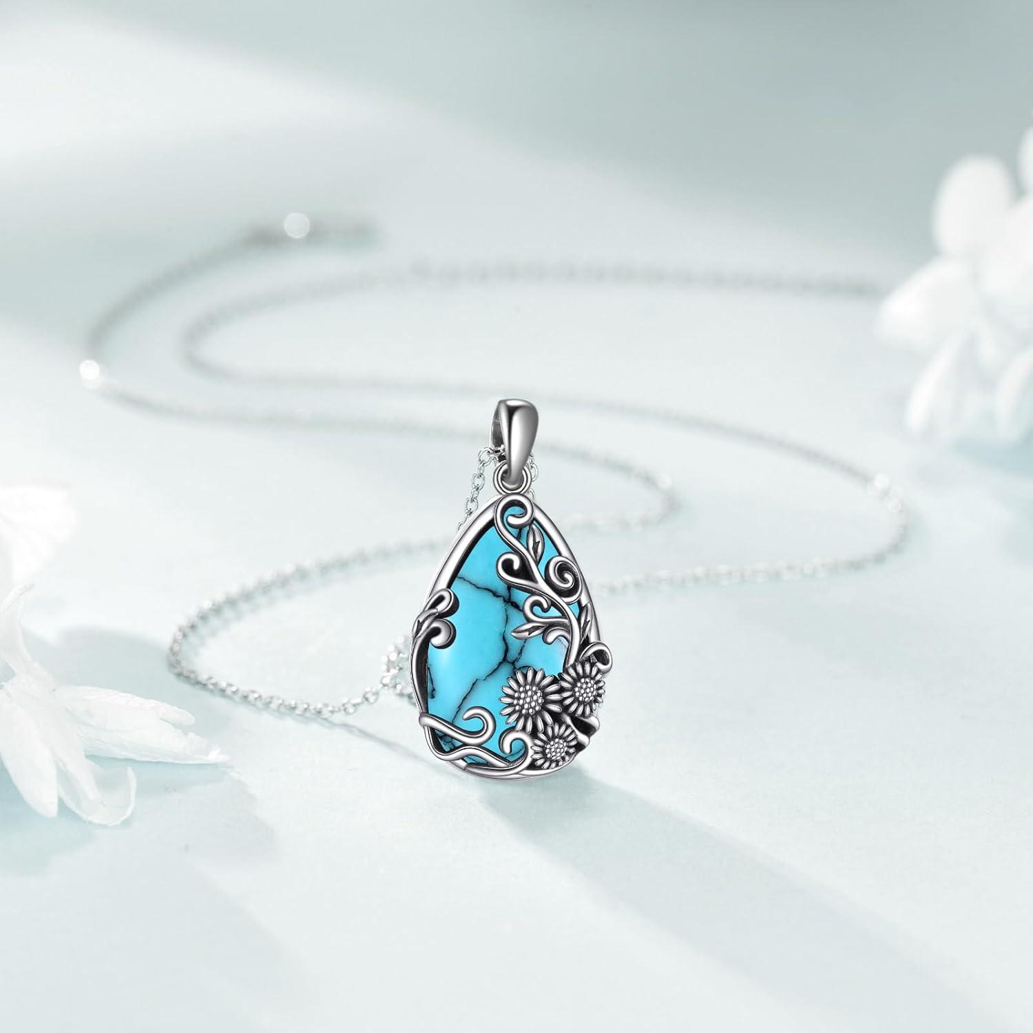 image:imageYFN Black ObsidianMoonstoneTurquoiseMoss Agate Sunflower Filigree Teardrop Pendant Necklace Jewelry for Women 925 Sterling SilverSilverTurquoise Sunflower Necklace