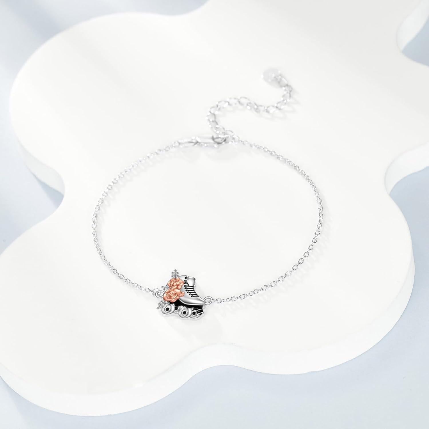 image:imageYFN Roller Skate Bracelet Sterling Silver Flower Roller Skating Charm Bracelet Roller Skate Jewelry for Women Roller Skater Lover Gifts for Team Coach Sport Lover