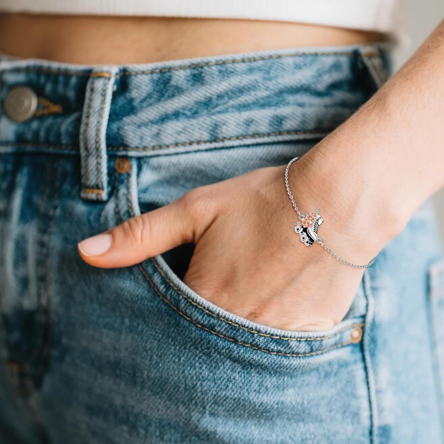 image:imageYFN Roller Skate Bracelet Sterling Silver Flower Roller Skating Charm Bracelet Roller Skate Jewelry for Women Roller Skater Lover Gifts for Team Coach Sport Lover