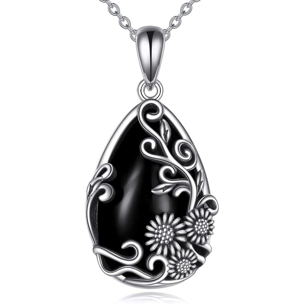 image:imageYFN Black ObsidianMoonstoneTurquoiseMoss Agate Sunflower Filigree Teardrop Pendant Necklace Jewelry for Women 925 Sterling SilverBlack ObsidianSunflower Necklace