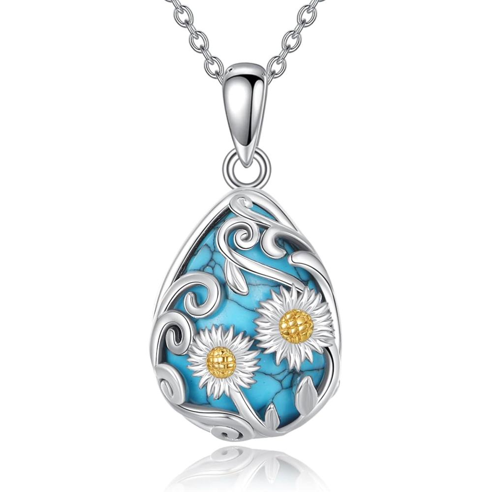 image:imageYFN Black ObsidianMoonstoneTurquoiseMoss Agate Sunflower Filigree Teardrop Pendant Necklace Jewelry for Women 925 Sterling SilverSilverTurquoise Necklace
