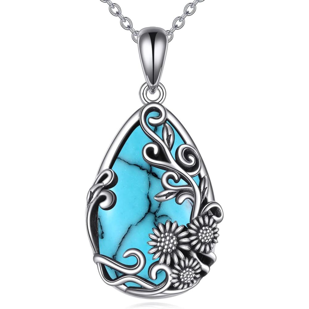 image:imageYFN Black ObsidianMoonstoneTurquoiseMoss Agate Sunflower Filigree Teardrop Pendant Necklace Jewelry for Women 925 Sterling SilverSilverTurquoise Sunflower Necklace
