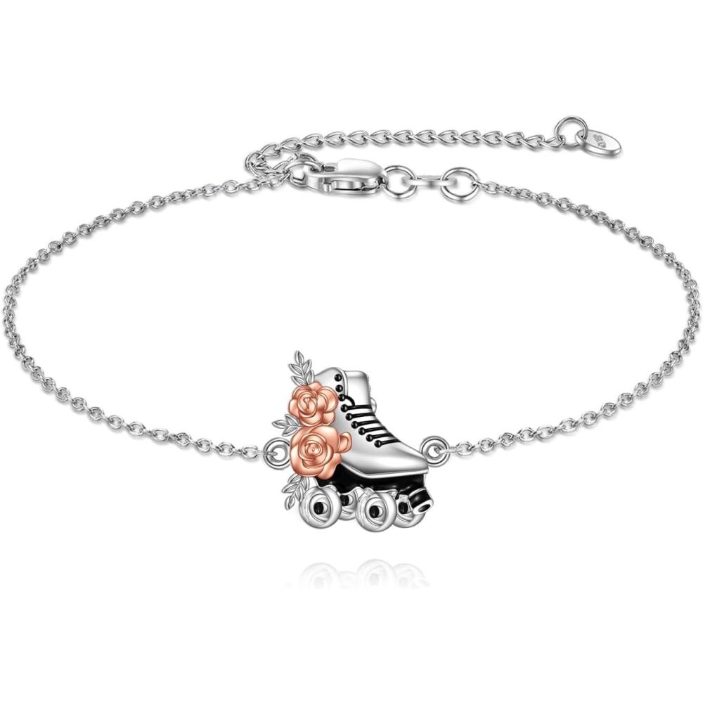 image:imageYFN Roller Skate Bracelet Sterling Silver Flower Roller Skating Charm Bracelet Roller Skate Jewelry for Women Roller Skater Lover Gifts for Team Coach Sport Lover