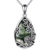 YFN Black Obsidian/Moonstone/Turquoise/Moss Agate Sunflower Filigree Teardrop Pendant Necklace Jewelry for Women – 925 Sterling Silver(Silver-Moss Agate Sunflower Necklace)