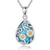 YFN Black Obsidian/Moonstone/Turquoise/Moss Agate Sunflower Filigree Teardrop Pendant Necklace Jewelry for Women – 925 Sterling Silver(Silver-Turquoise Necklace)
