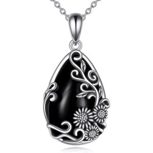 YFN Black Obsidian/Moonstone/Turquoise/Moss Agate Sunflower Filigree Teardrop Pendant Necklace Jewelry for Women – 925 Sterling Silver(Black Obsidian-Sunflower Necklace)
