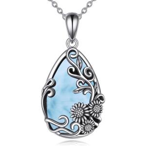 YFN Black Obsidian/Moonstone/Turquoise/Moss Agate Sunflower Filigree Teardrop Pendant Necklace Jewelry for Women – 925 Sterling Silver(Silver-Larimar Sunflower Necklace)