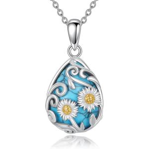 YFN Black Obsidian/Moonstone/Turquoise/Moss Agate Sunflower Filigree Teardrop Pendant Necklace Jewelry for Women – 925 Sterling Silver(Silver-Turquoise Necklace)