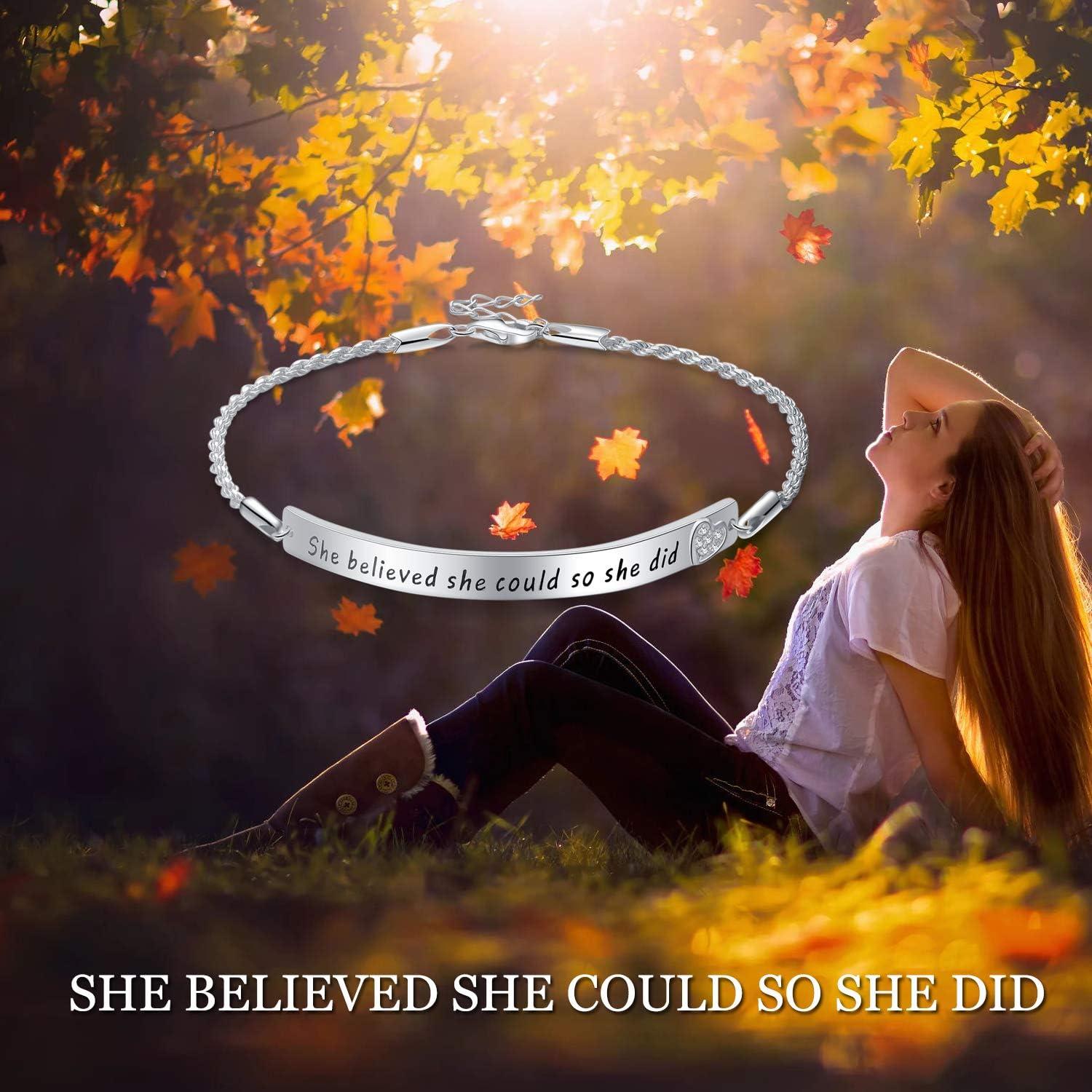 image:imageSterling Silver Engraved Inspirational Adjustable Bracelet Graduation Gift for Her Women BraceletsShe Believed She Could So She Did