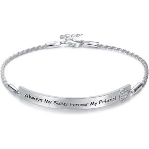 Sterling Silver Engraved Inspirational Adjustable Bracelet Graduation Gift for Her, Women Bracelets(Always My Sister Forever My Friend)