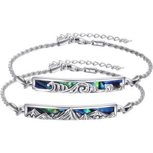 Sterling Silver Engraved Inspirational Adjustable Bracelet Graduation Gift for Her, Women Bracelets(Mountain Wave 2 Pcs)