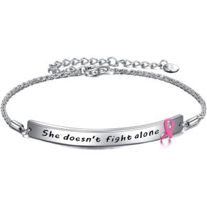 Sterling Silver Engraved Inspirational Adjustable Bracelet Graduation Gift for Her, Women Bracelets(She doesn’t fight alone)