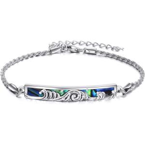 Sterling Silver Engraved Inspirational Adjustable Bracelet Graduation Gift for Her, Women Bracelets(Wave Abalone)