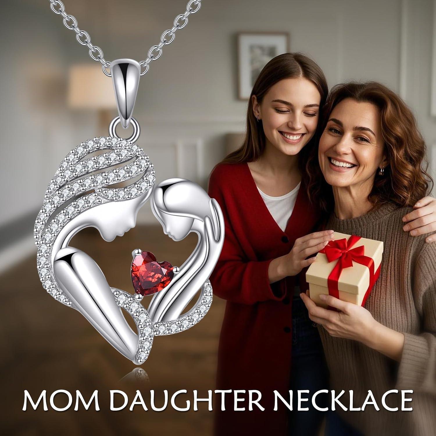 image:imageYFN Mother and Daughter Necklace 925 Sterling Silver Heart 12 Birthstone Cubic Zirconia Pendant Necklace Gifts for Mom Women01january Garnet