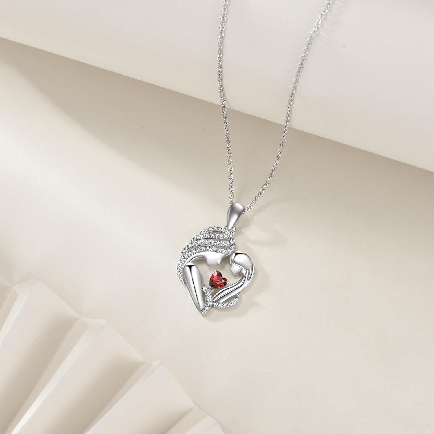 image:imageYFN Mother and Daughter Necklace 925 Sterling Silver Heart 12 Birthstone Cubic Zirconia Pendant Necklace Gifts for Mom Women01january Garnet
