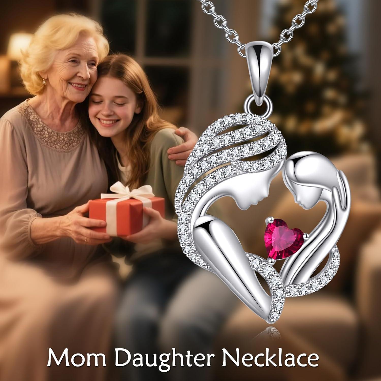 image:imageYFN Mother and Daughter Necklace 925 Sterling Silver Heart 12 Birthstone Cubic Zirconia Pendant Necklace Gifts for Mom Women07july Ruby