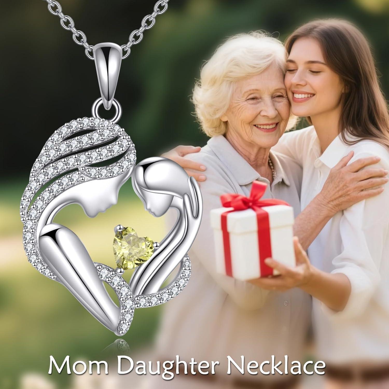 image:imageYFN Mother and Daughter Necklace 925 Sterling Silver Heart 12 Birthstone Cubic Zirconia Pendant Necklace Gifts for Mom Women08august peridot