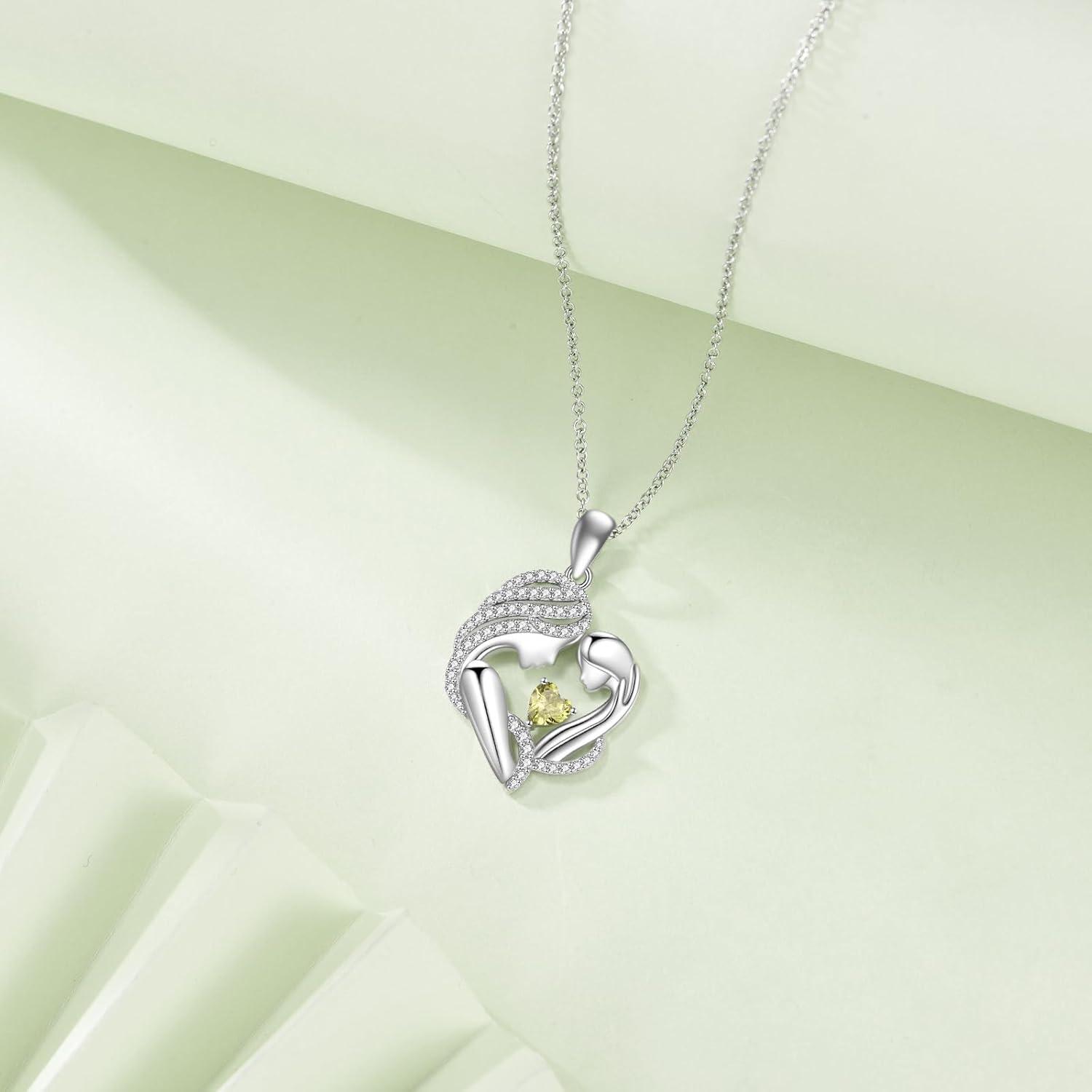 image:imageYFN Mother and Daughter Necklace 925 Sterling Silver Heart 12 Birthstone Cubic Zirconia Pendant Necklace Gifts for Mom Women08august peridot