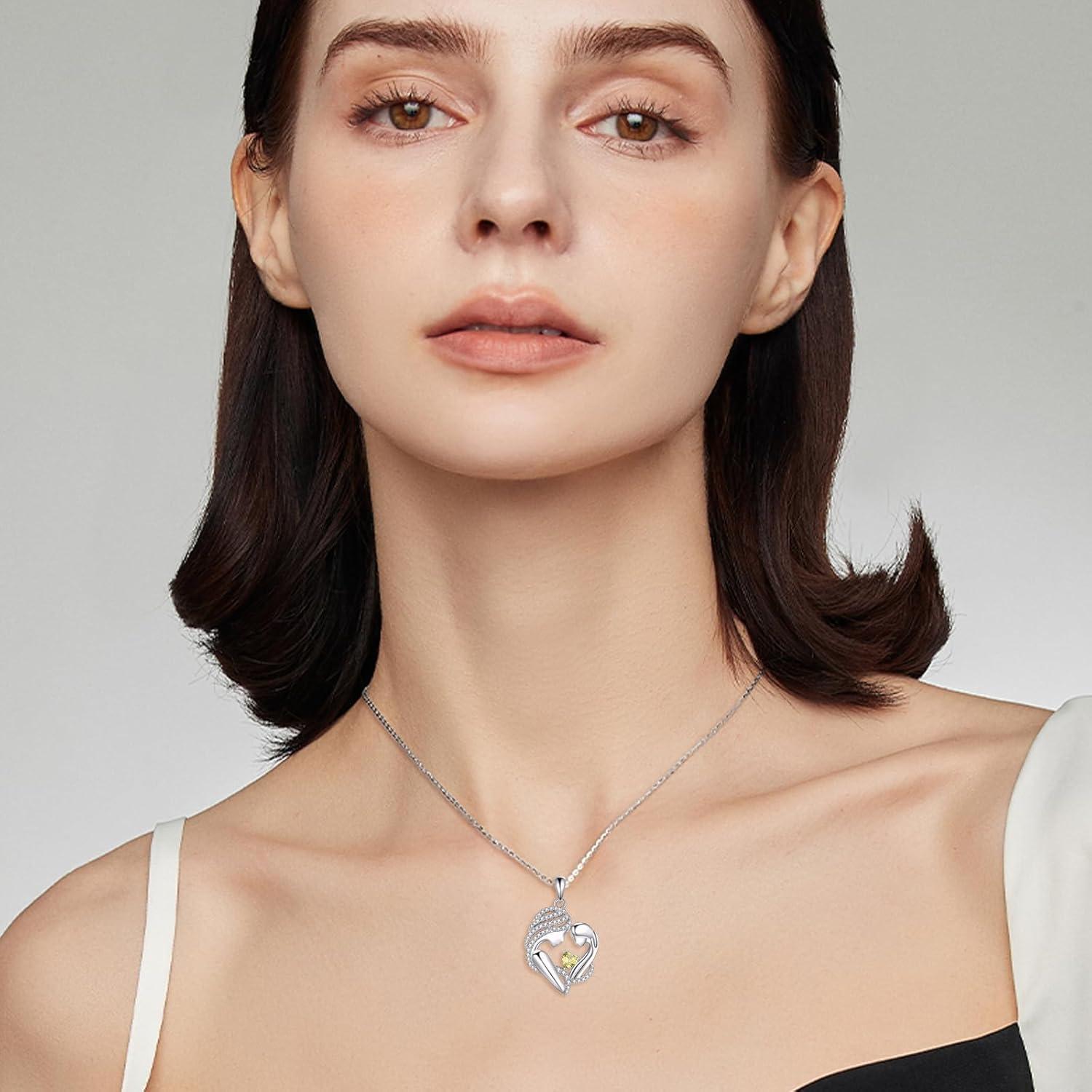 image:imageYFN Mother and Daughter Necklace 925 Sterling Silver Heart 12 Birthstone Cubic Zirconia Pendant Necklace Gifts for Mom Women08august peridot