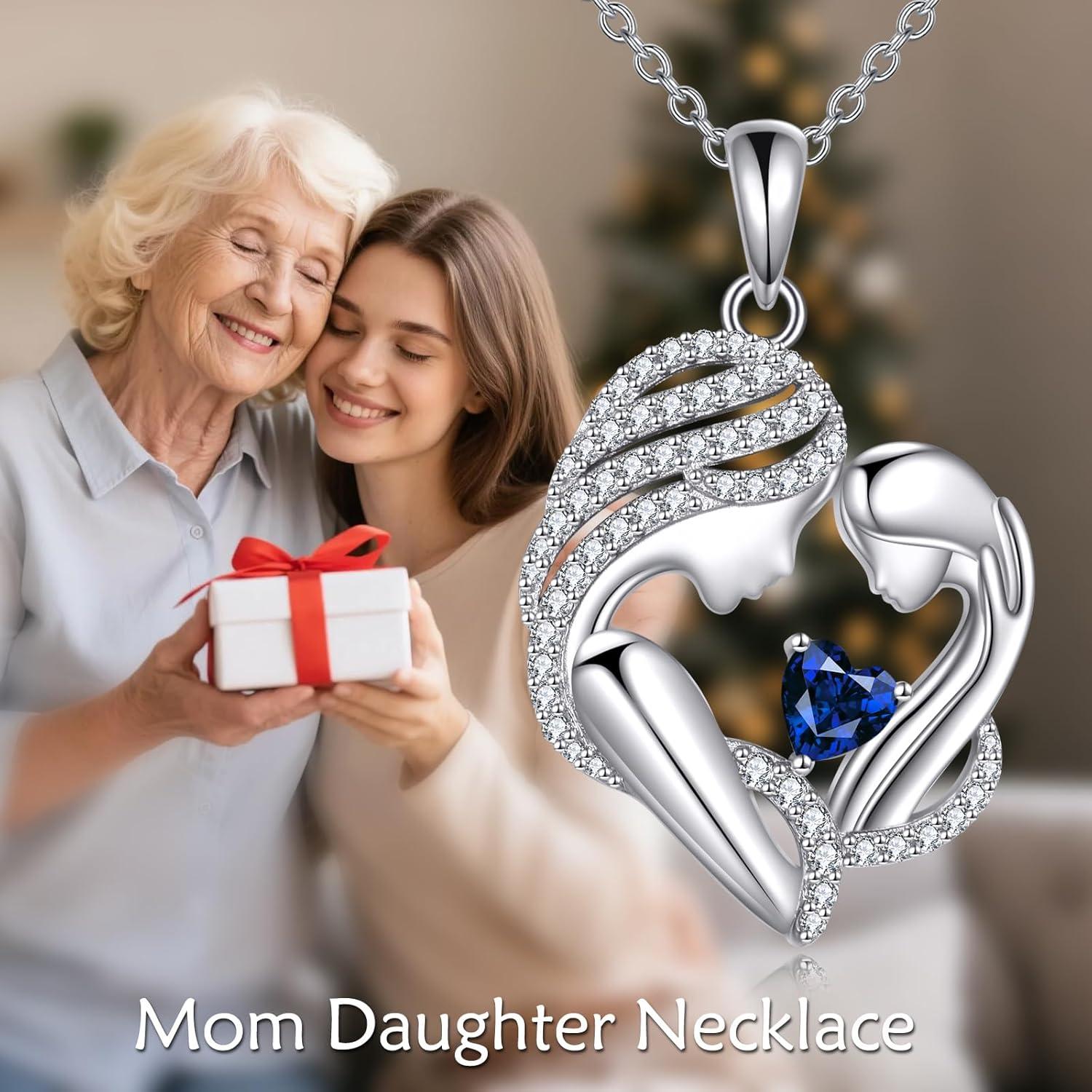image:imageYFN Mother and Daughter Necklace 925 Sterling Silver Heart 12 Birthstone Cubic Zirconia Pendant Necklace Gifts for Mom Women09september Sapphire