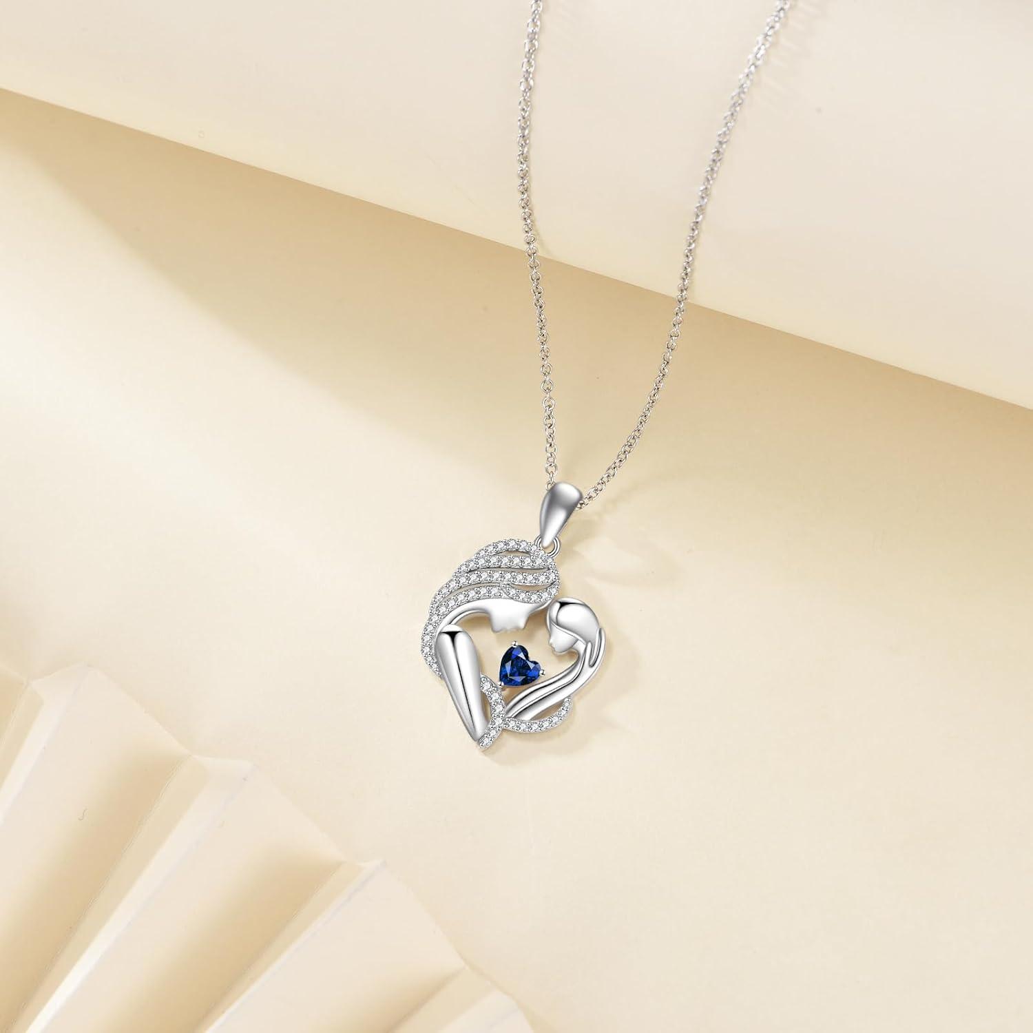 image:imageYFN Mother and Daughter Necklace 925 Sterling Silver Heart 12 Birthstone Cubic Zirconia Pendant Necklace Gifts for Mom Women09september Sapphire