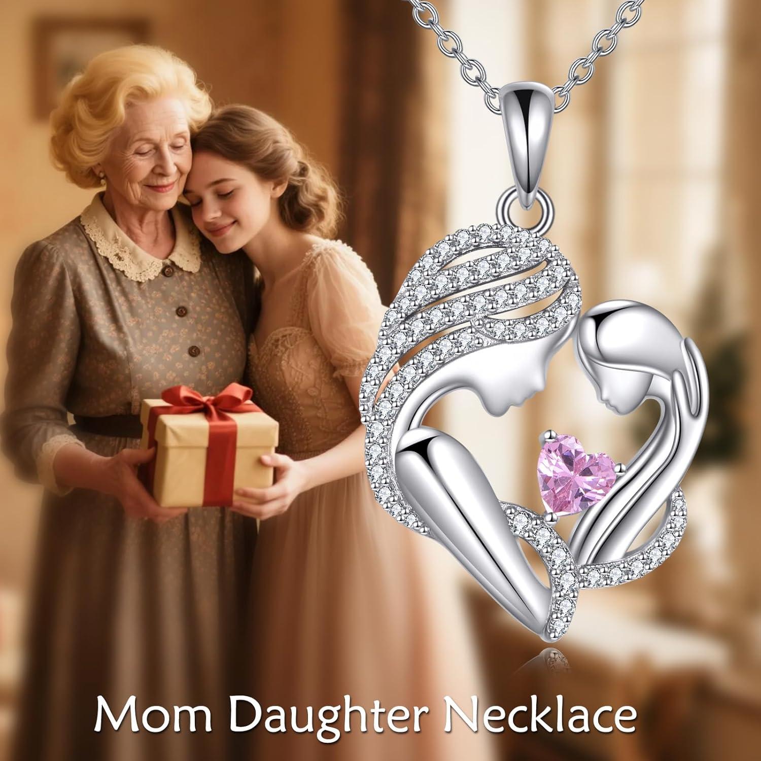 image:imageYFN Mother and Daughter Necklace 925 Sterling Silver Heart 12 Birthstone Cubic Zirconia Pendant Necklace Gifts for Mom Women10october Pink tourmaline
