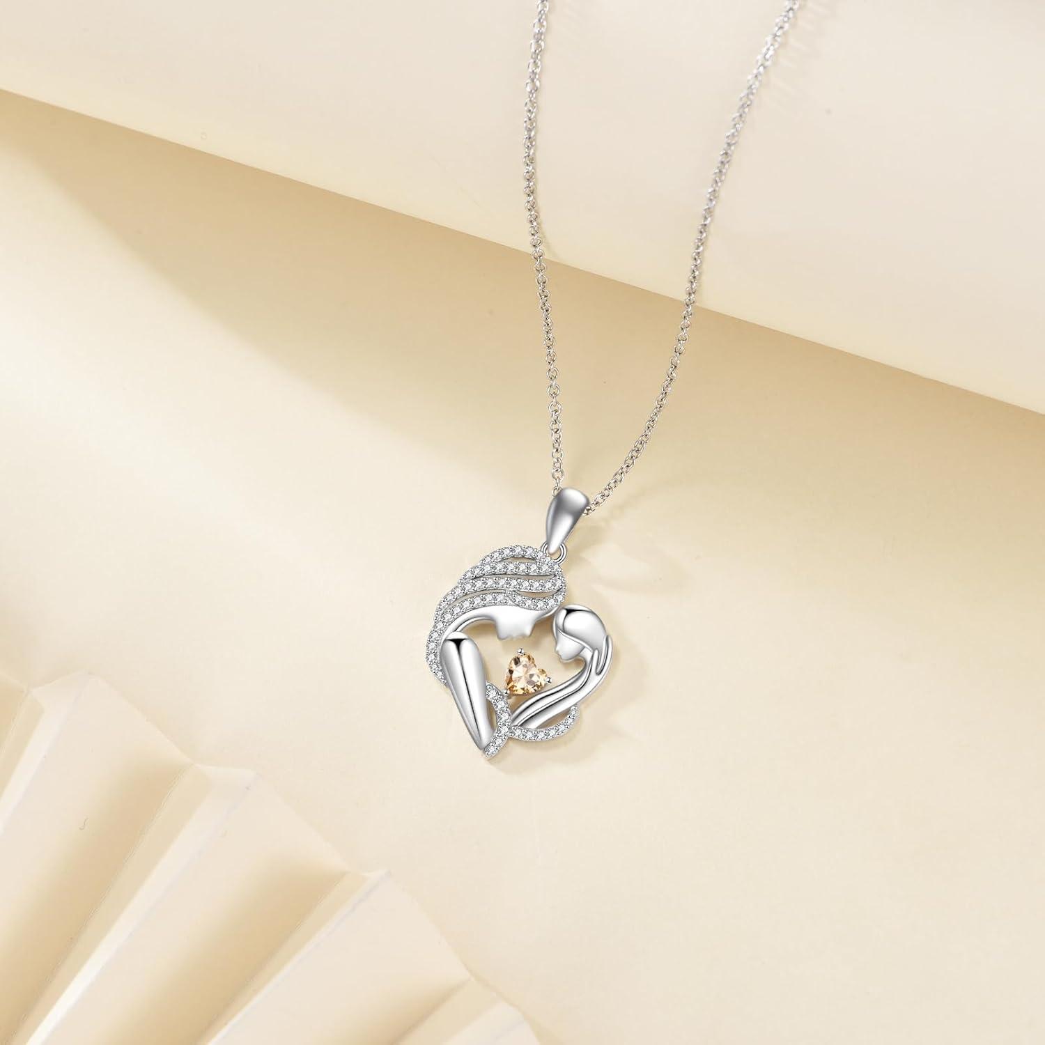 image:imageYFN Mother and Daughter Necklace 925 Sterling Silver Heart 12 Birthstone Cubic Zirconia Pendant Necklace Gifts for Mom Women11november Citrine