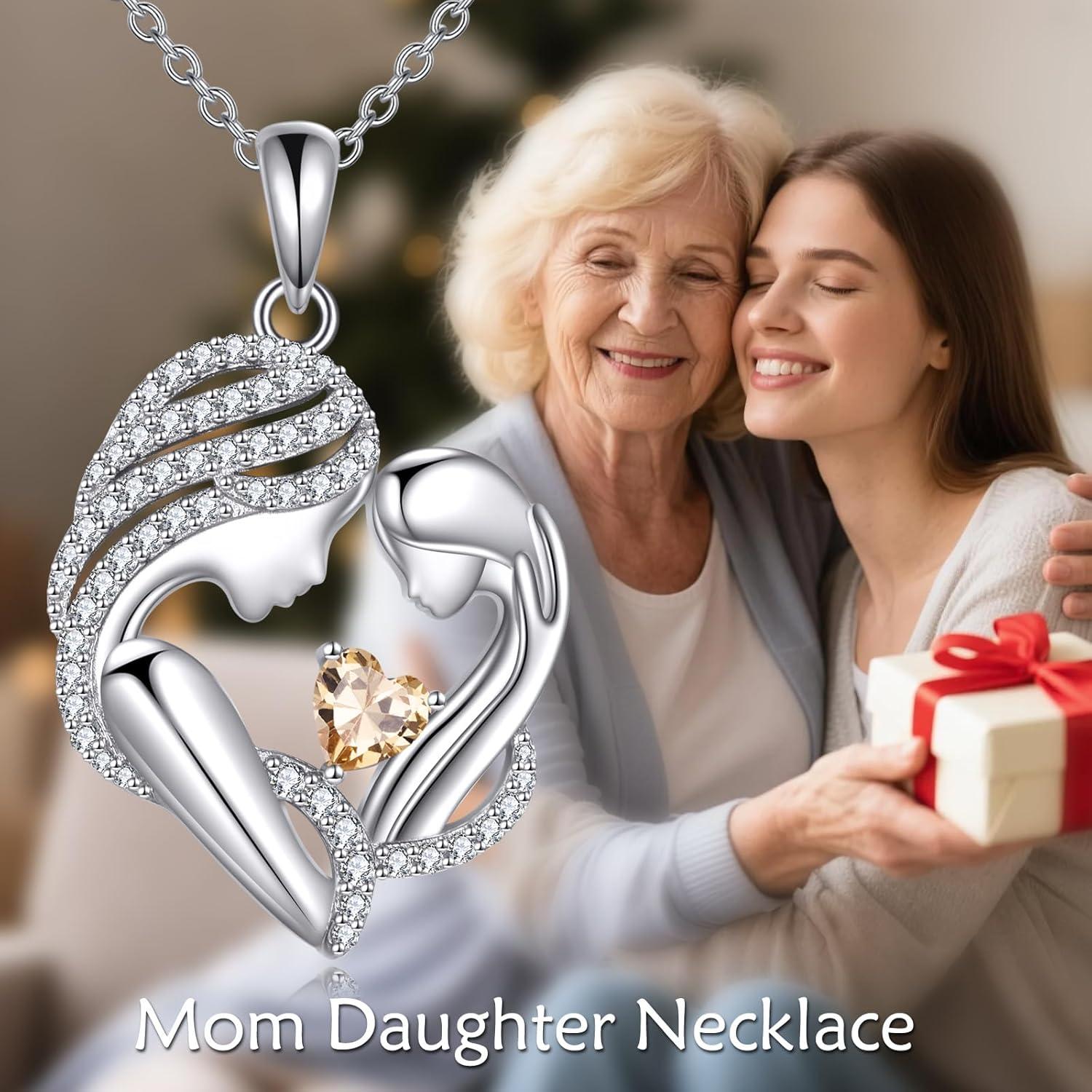 image:imageYFN Mother and Daughter Necklace 925 Sterling Silver Heart 12 Birthstone Cubic Zirconia Pendant Necklace Gifts for Mom Women11november Citrine