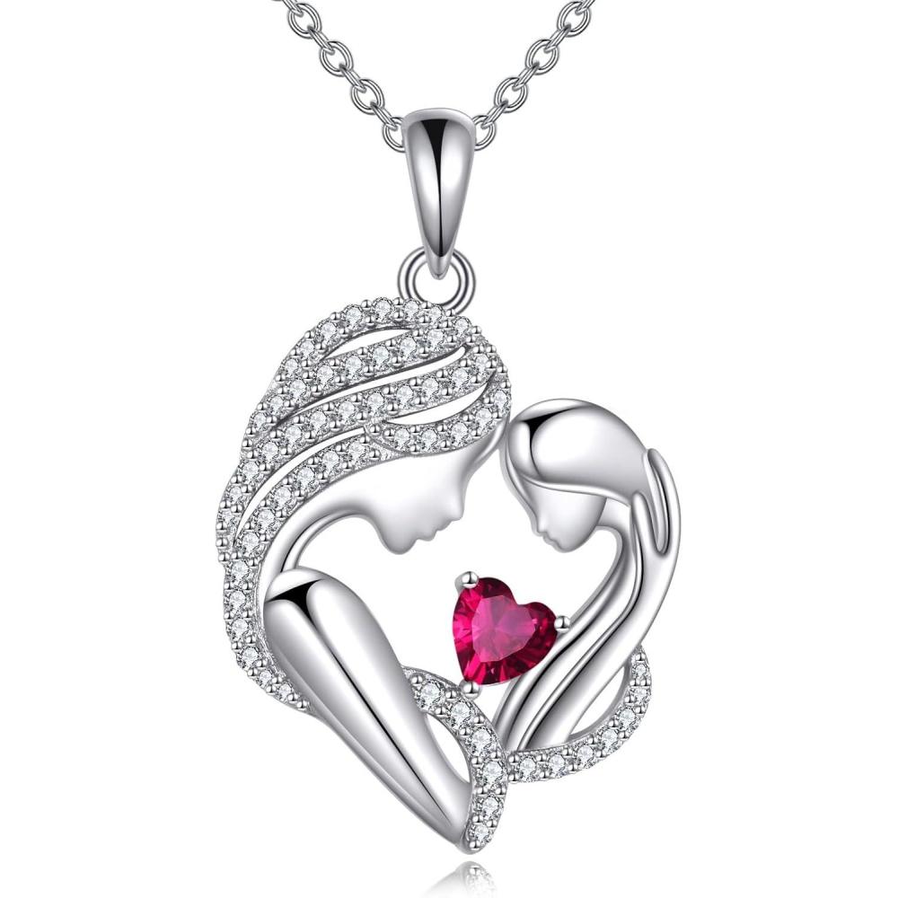 image:imageYFN Mother and Daughter Necklace 925 Sterling Silver Heart 12 Birthstone Cubic Zirconia Pendant Necklace Gifts for Mom Women07july Ruby