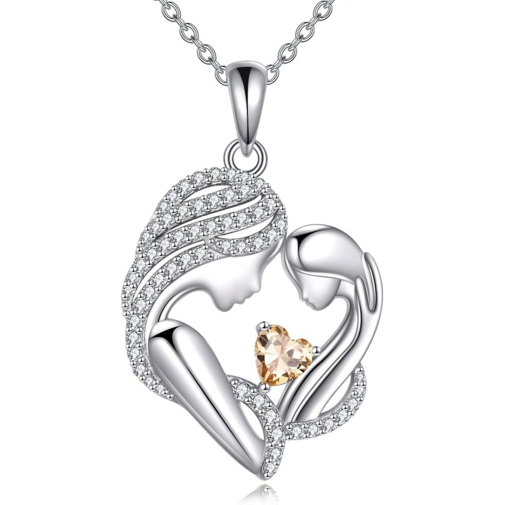image:imageYFN Mother and Daughter Necklace 925 Sterling Silver Heart 12 Birthstone Cubic Zirconia Pendant Necklace Gifts for Mom Women11november Citrine