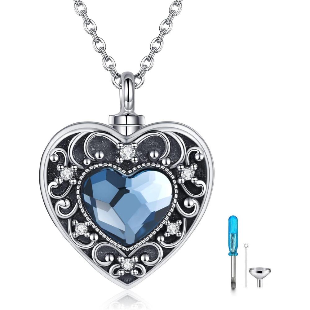 image:imageYFN Urn Necklaces for Ashes Sterling Silver Heart Urn Necklaces for Ashes Cremation Memory Jewelry for Women Menheart crystal urn