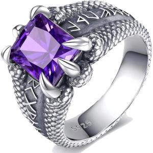 YFN Men’s Dragon Claw Ring S925 Sterling Silver Masculine Birthstone Band for Fantasy Lovers, Gothic Punk Jewelry Gift for Him(Feb)