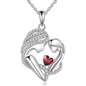 YFN Mother and Daughter Necklace 925 Sterling Silver Heart 12 Birthstone Cubic Zirconia Pendant Necklace Gifts for Mom Women(01-january  Garnet)