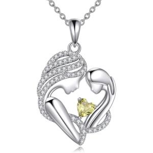YFN Mother and Daughter Necklace 925 Sterling Silver Heart 12 Birthstone Cubic Zirconia Pendant Necklace Gifts for Mom Women(08-august  peridot)